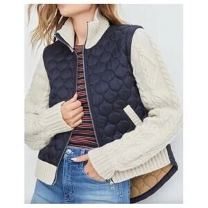 Veronica Beard Navy Quilted Front with Cream Cable-Knit Sleeves Jacket